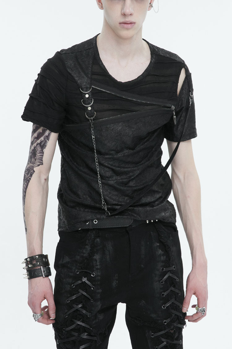 Black Left Off Shoulder Chest Zipper Embellished Men's Punk Short Sleeve