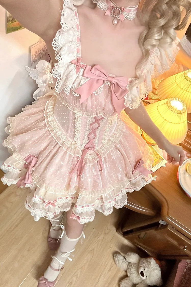 Rosa dreilagiges süßes Prinzessinnen-Ballett-Lolita-JSK-Kleid mit Schleife und Schnürung