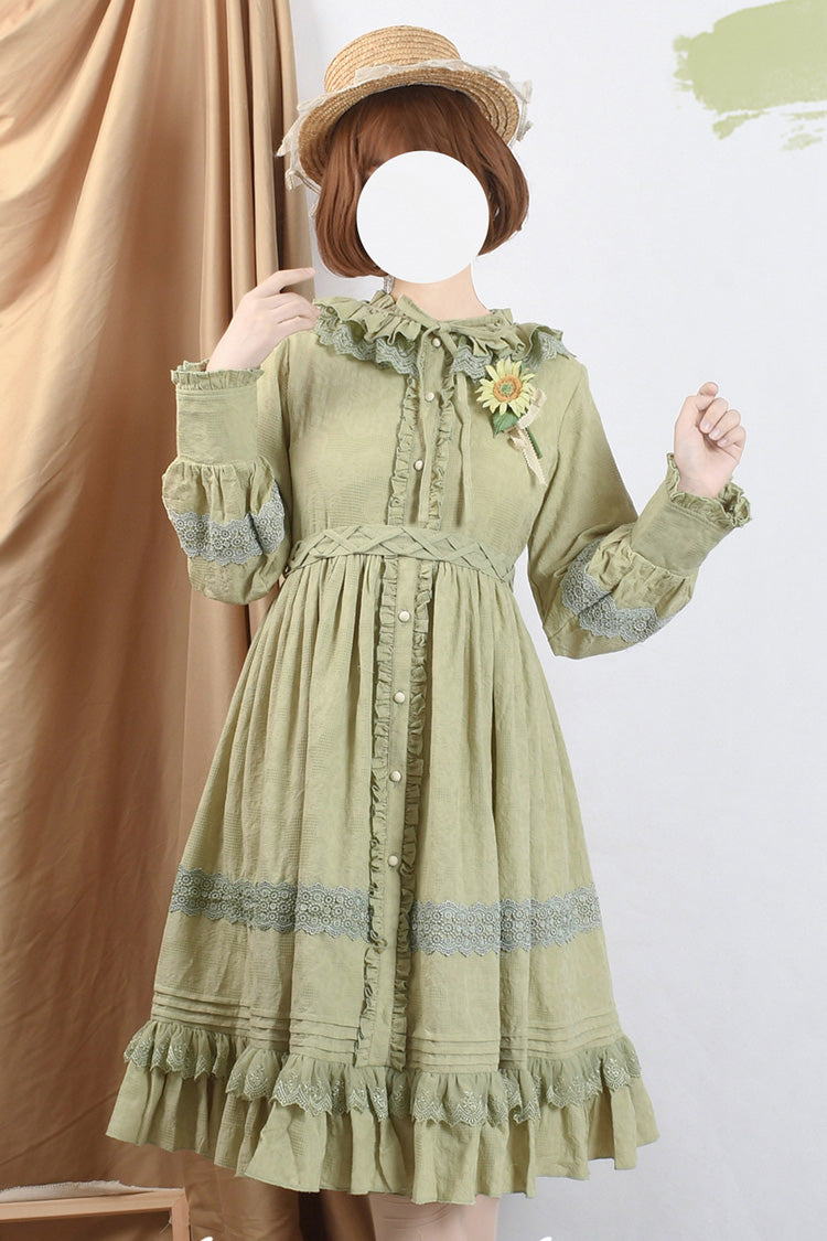 Spring Dawn Long Sleeves Jacquard Ruffle Bowknot Sweet Vintage Lolita Dress 3 Colors