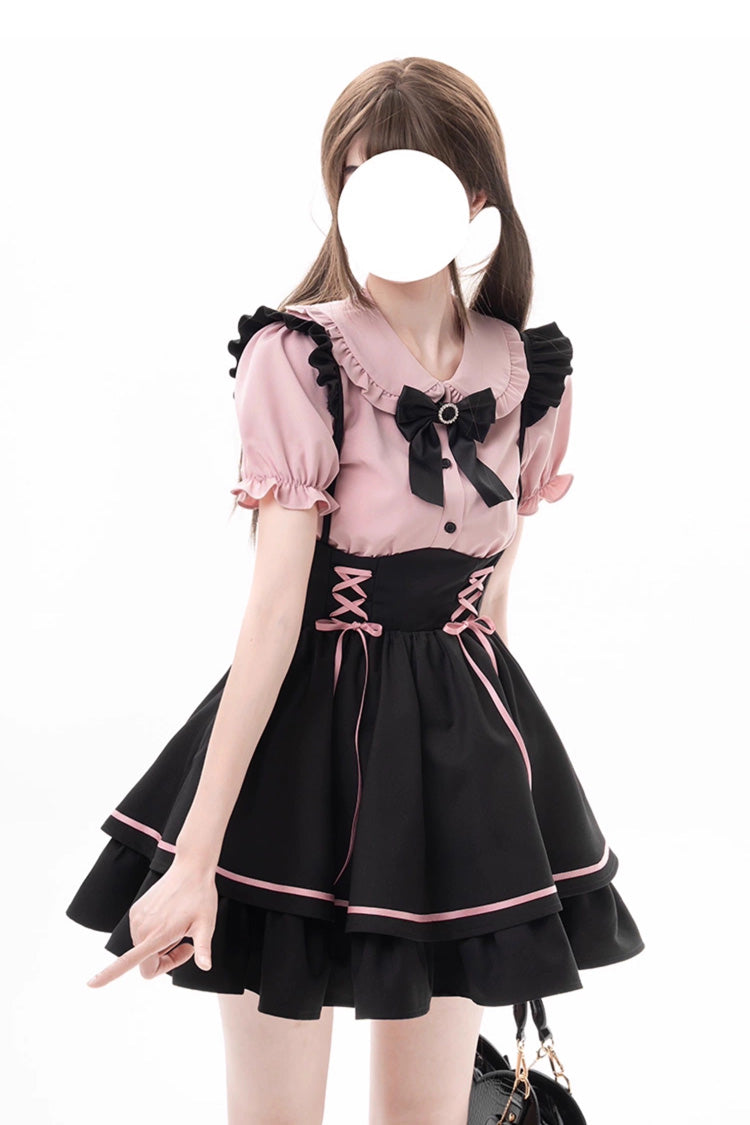 Noir/Rose Premier Sakura Manches Courtes Multi-couches Lacets Doux Jirai Kei Ensemble Japonais 