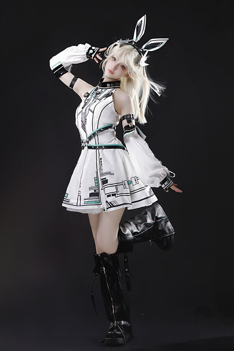 White [Mecha Battle Maiden] Stand Collar Print Futuristic Style Sweet Handsome Lolita Dress