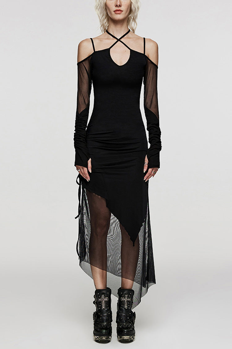 Black Skull Print Stitching Sheer Mesh Women's Gothic Dress