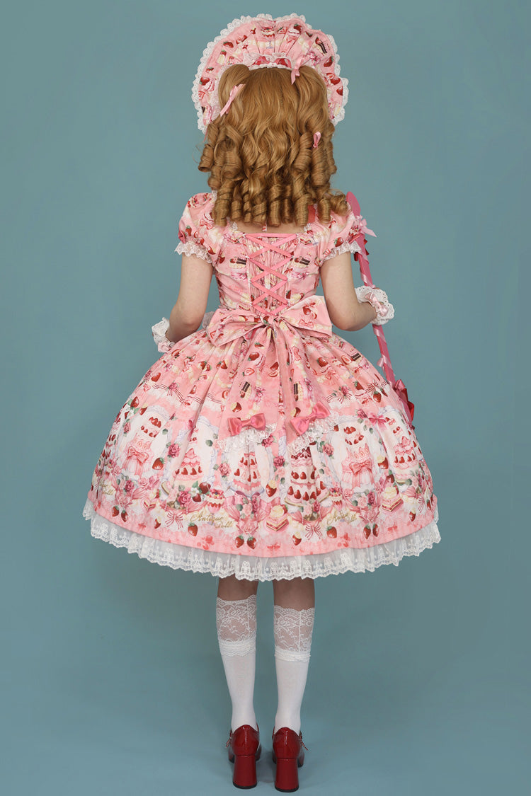 [Strawberry Cake Bouquet] Print Square Collar Short Sleeves Bowknot Lace Sweet Lolita Dress 3 Colors