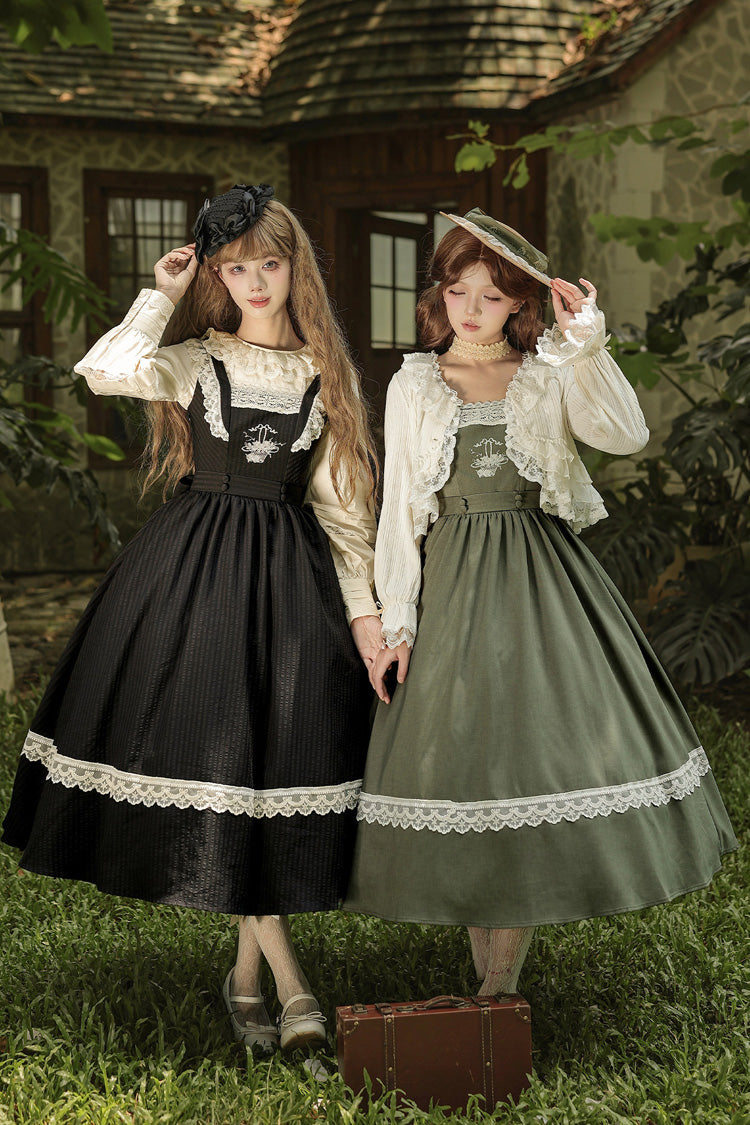 [The Oak Tree in the Wind] Square Collar Sleeveless Jacquard Embroidered Lace Classic Elegant Lolita Jsk Dress 2 Colors (Black, Green)