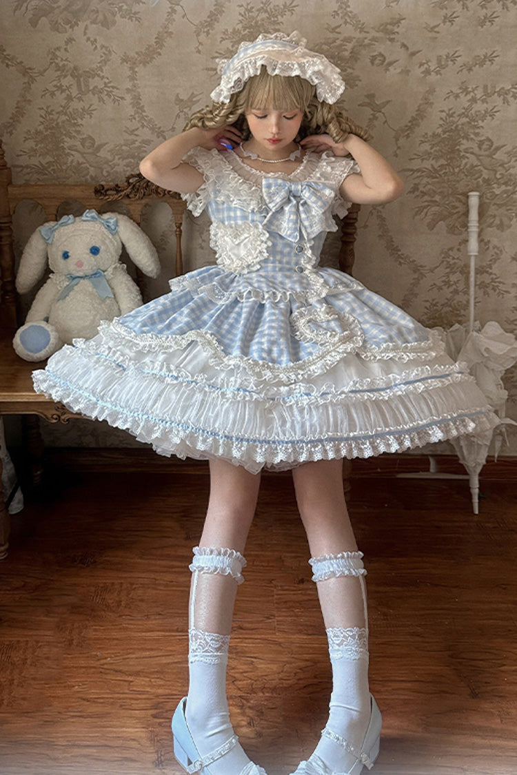 Blue [Tea Break Sweetheart] Short Sleeves Multi-Layered Plaid Print Ruffle Sweet Lolita Dress
