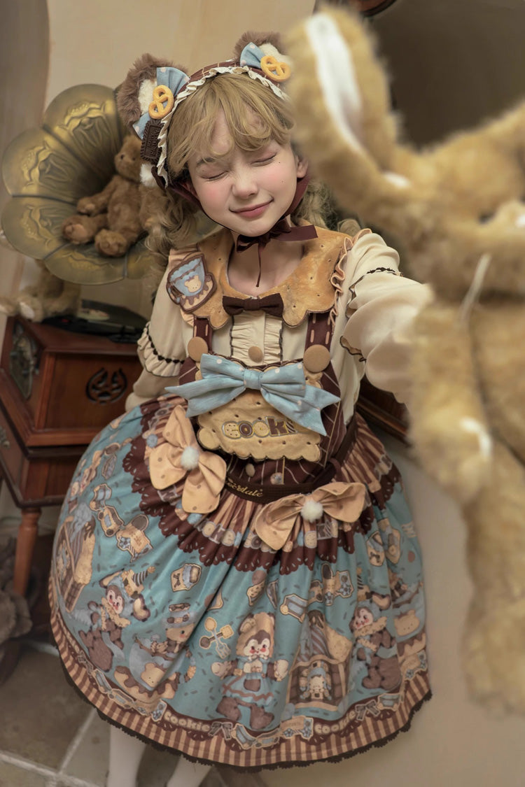 [Bear Cookies] Print Ruffle Bowknot Sweet Lolita Strap Dress 2 Colors