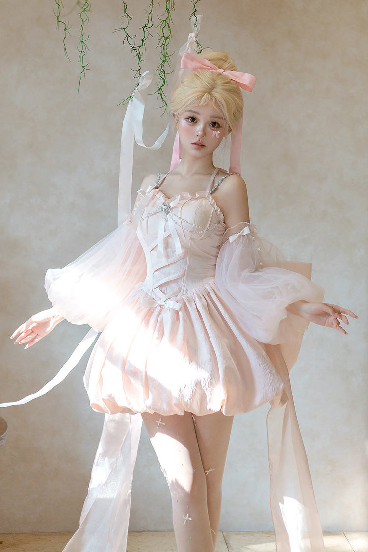 Pink [The Runaway Princess] Sleeveless Ruffle Bowknot Lace-Up Sweet Lolita Jsk Tulip Dress Set