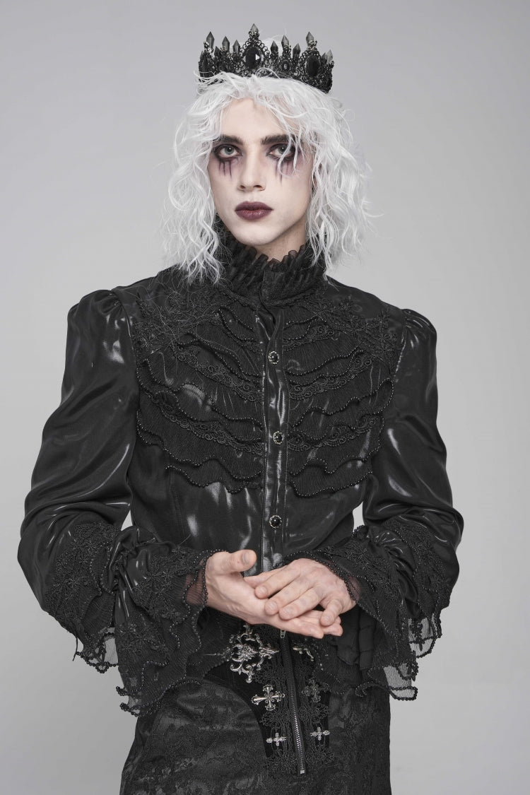 Black Stand Collar Long Puff Sleeves Embroidery Stitching Lace Men's Gothic Blouse