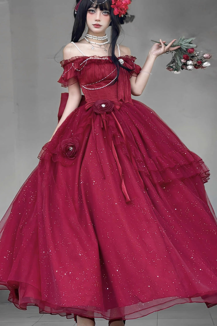 Red [Bright Stars] Off Shoulder Ruffle Bowknot Asymmetric Sweet Elegant Princess Lolita Dress