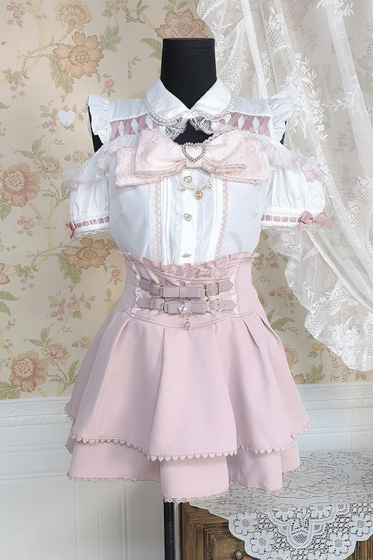 White/Pink Lapel Collar Short Sleeves Double-Layered Ruffle Bowknot Sweet Jirai Kei Set