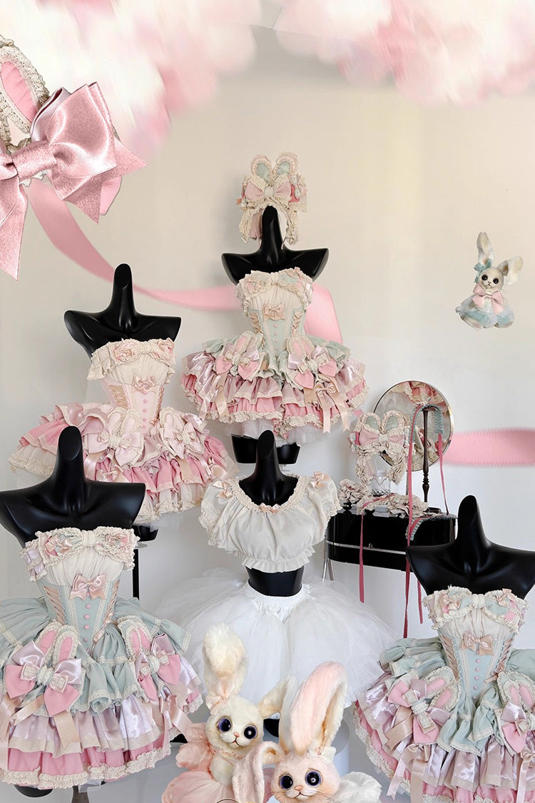 [Ribbon Dance] Multi-Layered Ruffle Bowknot Lace-Up Sweet Princess Lolita Dress 3 Colors