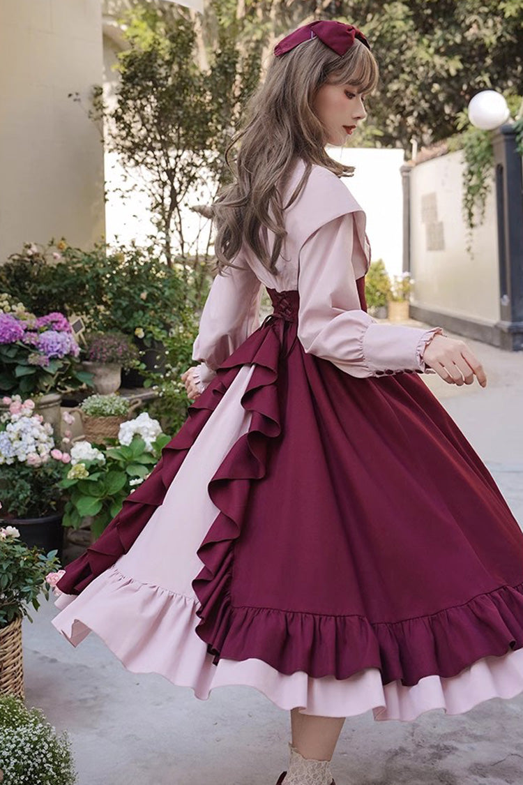 Rose Embroidery Long Sleeves Ruffle Bowknot Fake Two Pieces Elegant Lolita Dress 2 Colors