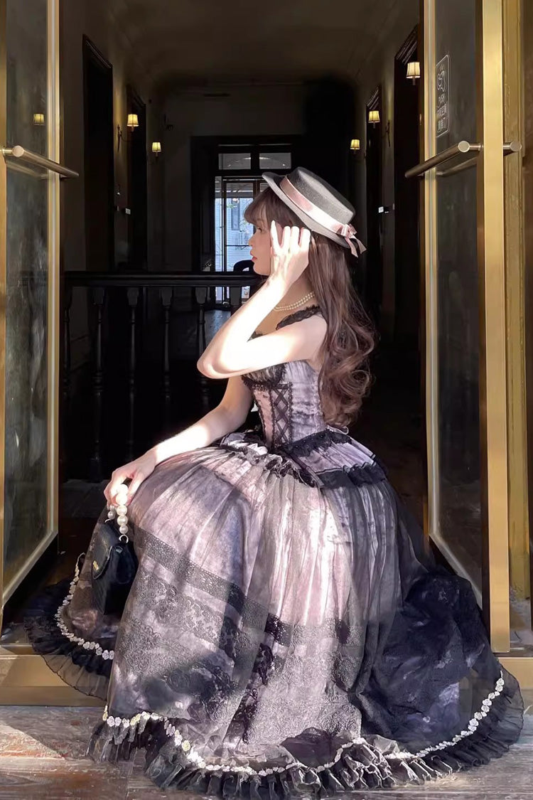 Grey/Pink [Mist-shrouded Vineyard] Sleeveless Ruffle Bowknot Lace-Up Sweet Lolita Jsk Skirt Dress Set