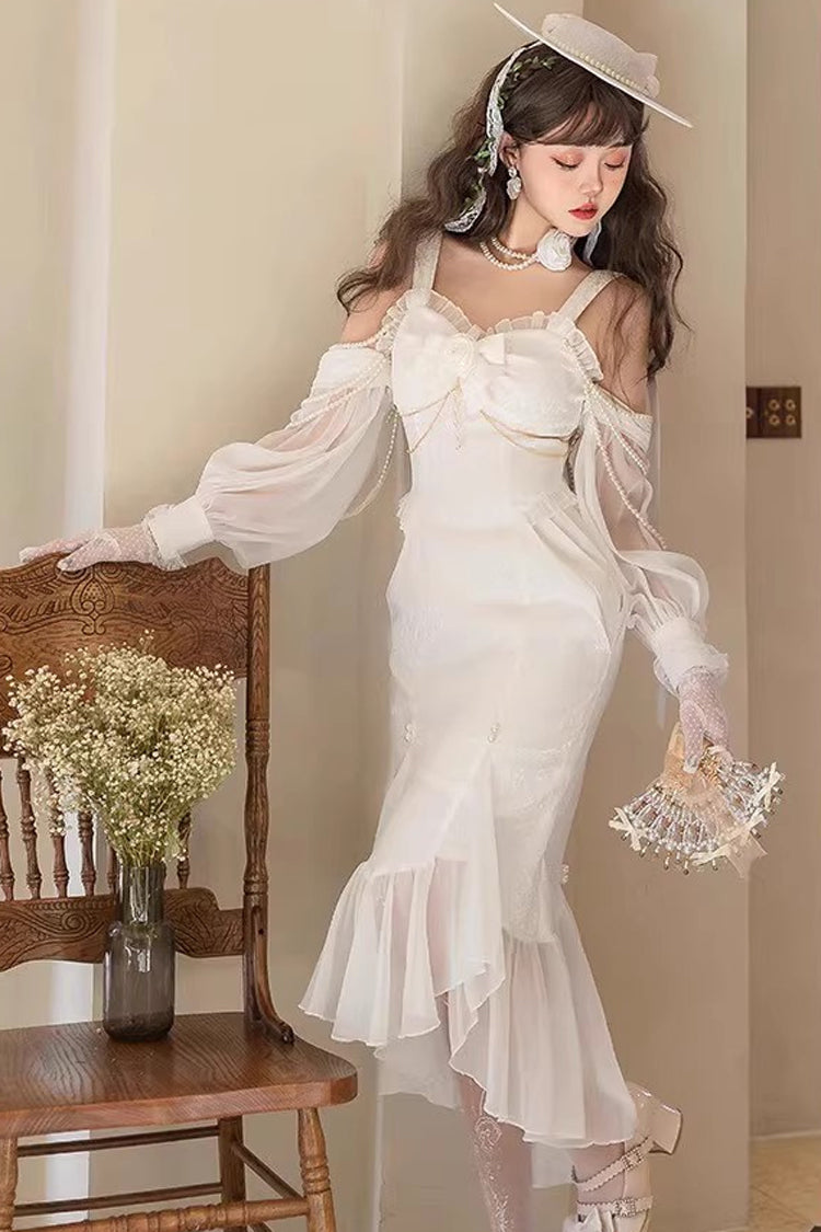 White [Camellia 1.0] Sleeveless Jacquard Ruffle Lace Sweet Chinese Style Lolita Jsk Fishtail Dress