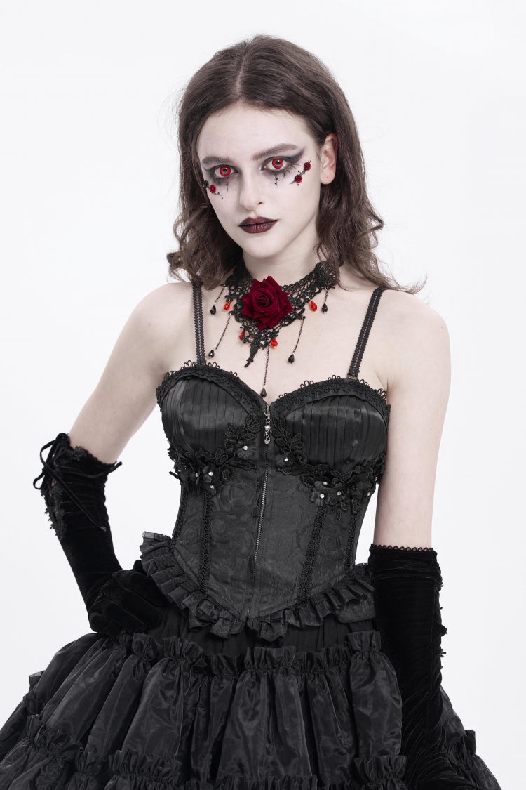 Black Sleeveless Ruffle Embroidery Lace-Up Women's Gothic Tank Top