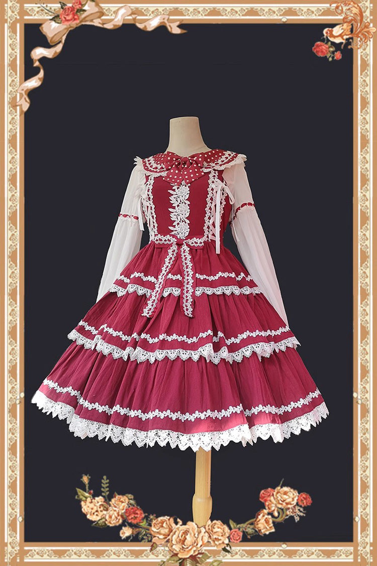 Rot/weißes dreiteiliges ärmelloses Lolita-Stufenkleid mit Schleife