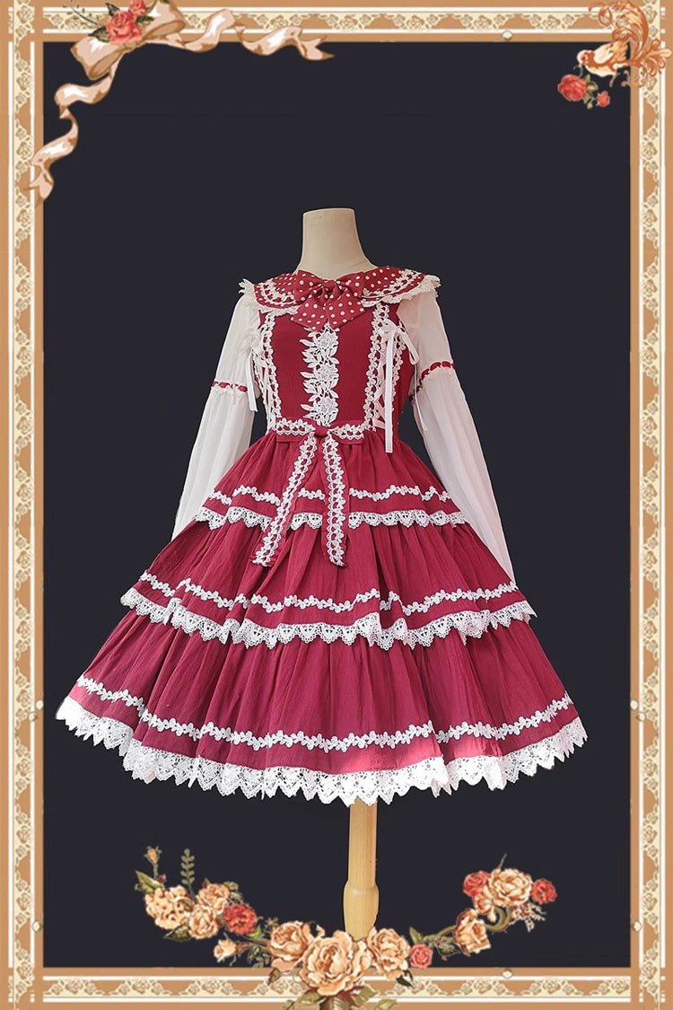Red/White Three-section Cake Sleeveless Ribbon Sweet Lolita Tiered Dress