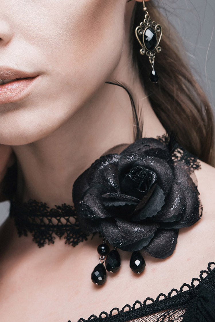 Black Shining Lace Rose Beads Chain Women's Gothic Choker