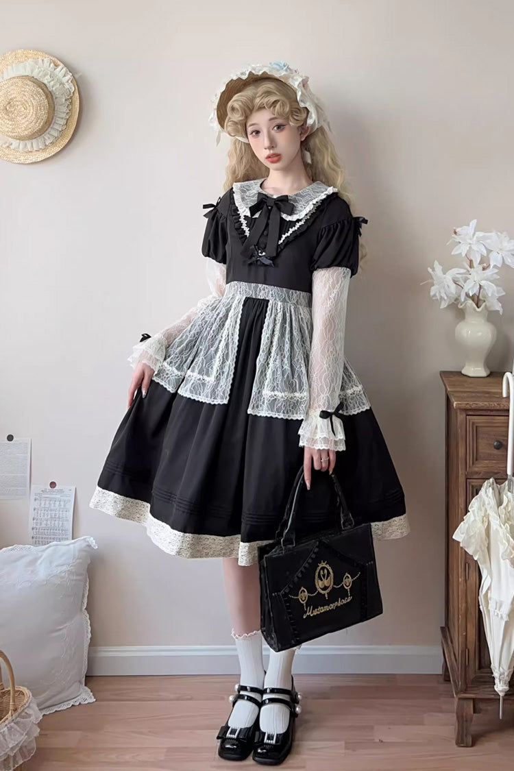 Black [Mist over Flowers Along the Path] Lapel Collar Long Sleeves Embroidery Bowknot Lace Sweet Lolita Dress