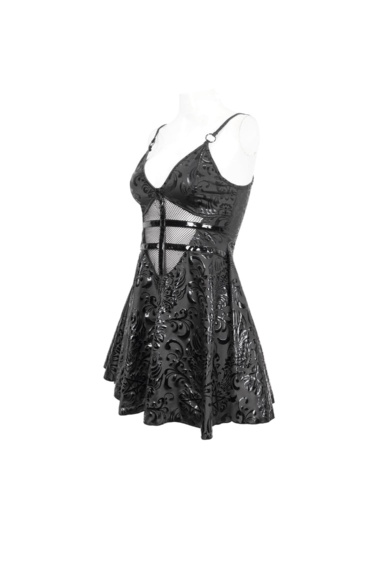 Black Pentagram Embossed Panel Mesh Rope Cutout Women's Gothic Dress
