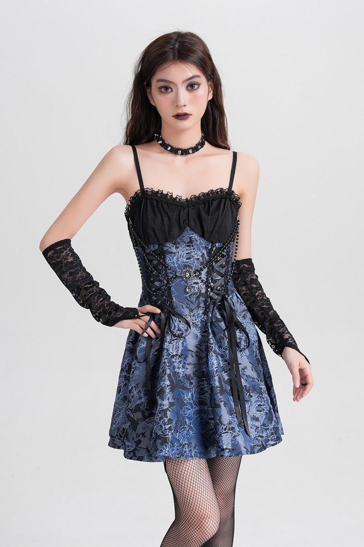 Robe bleue gothique Vintage Lolita Jsk à lacets épissés imprimés jacquard sans manches
