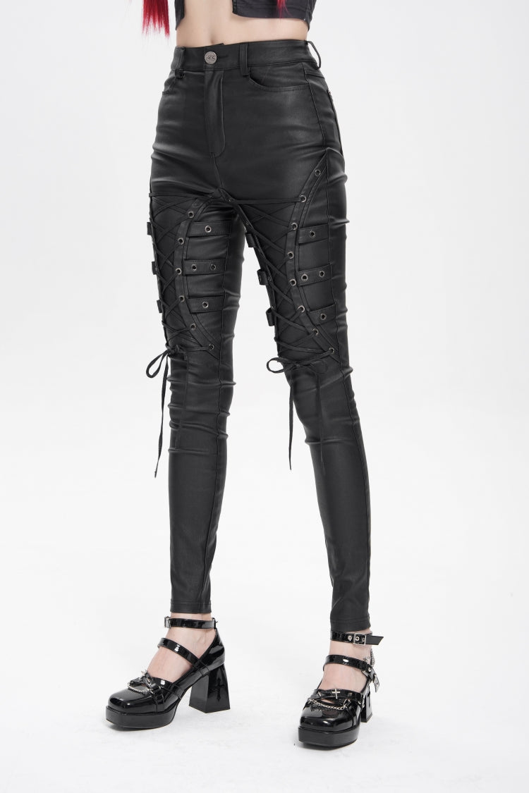 Black Lace-Up Eyelet Straps Women's Punk Pants