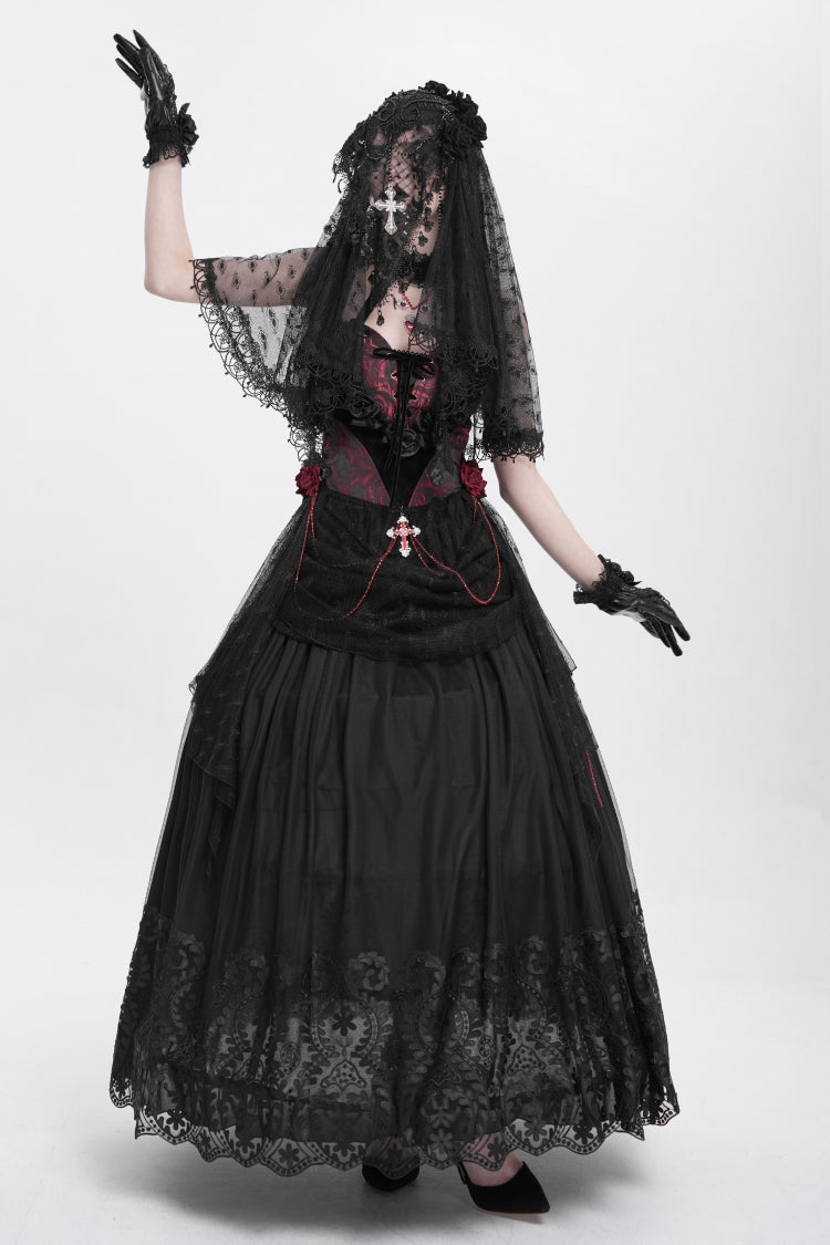 Black Stitching Floral Mesh Women's Gothic Skirt