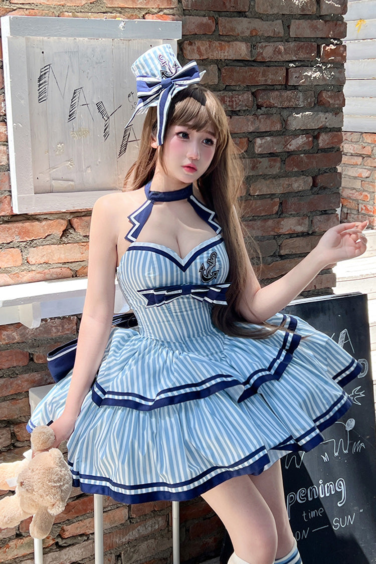 Blue [Sailing Sweetheart] Double-Layered Vertical Stripes Print Ruffle Bowknot Sweet Lolita Dress