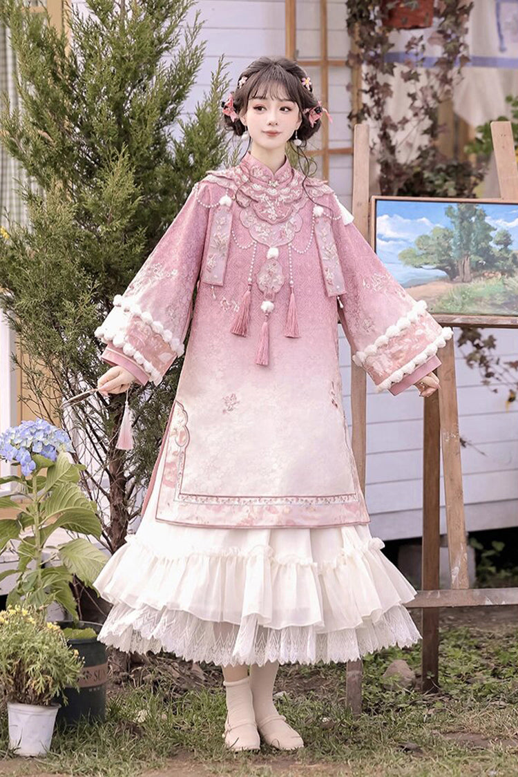 Pink Round Collar High Waisted Embroidery Women's Elegant Hanfu Dress Full Set
