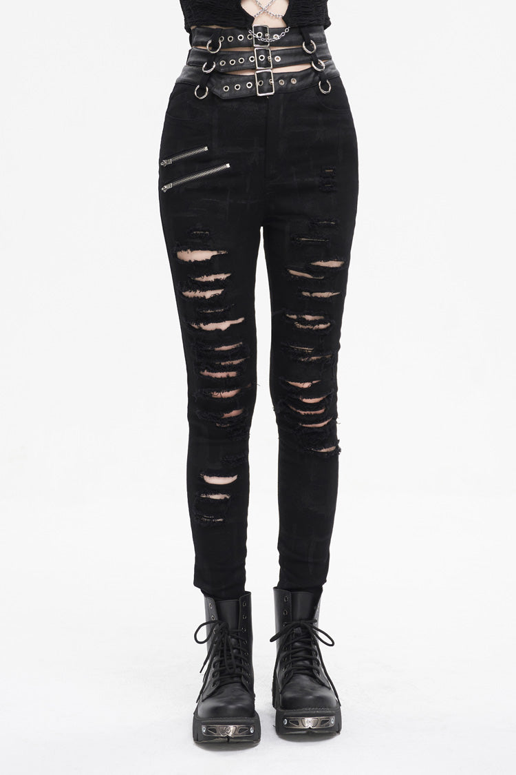 Black High Waisted Loophole Ripped Buckle Women's Punk Pants