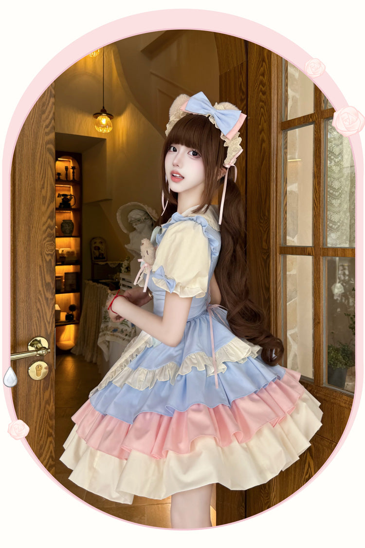 Blue/Pink [Cream Puffs] Short Puff Sleeves Triple-Layered Ruffle Bowknot Sweet Lolita Dress