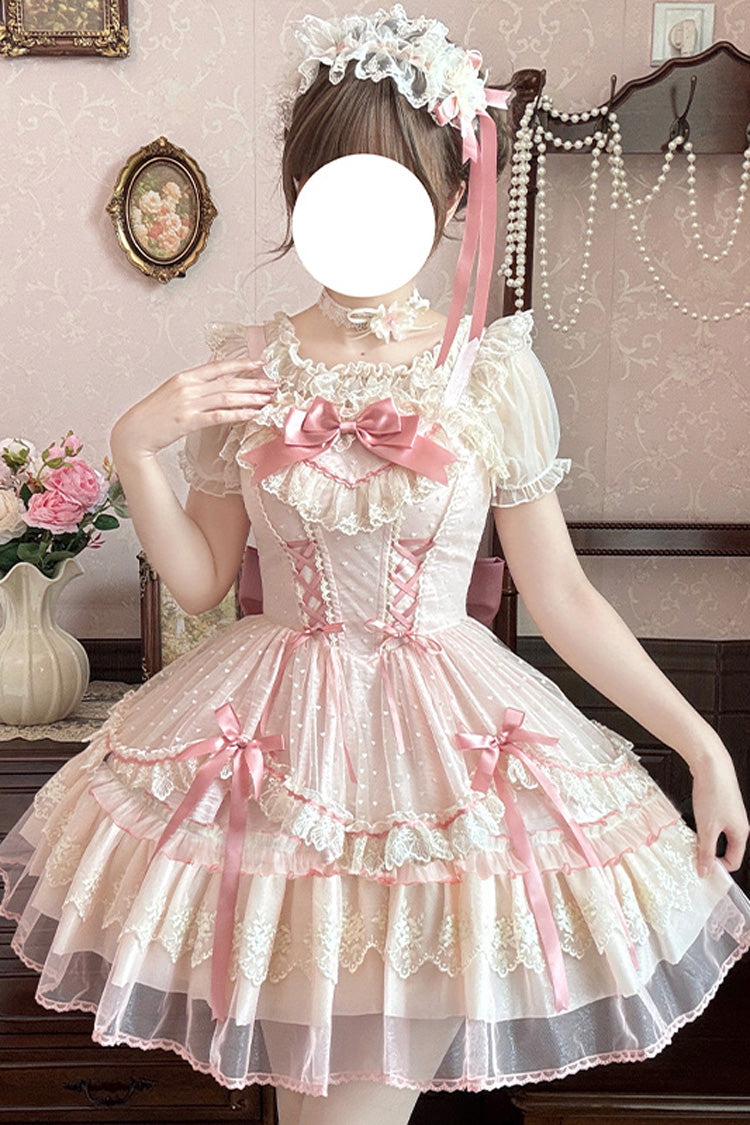 Pink [Candy House] Sleeveless Ruffle Bowknot Lace Lace-Up Sweet Lolita Jsk Dress
