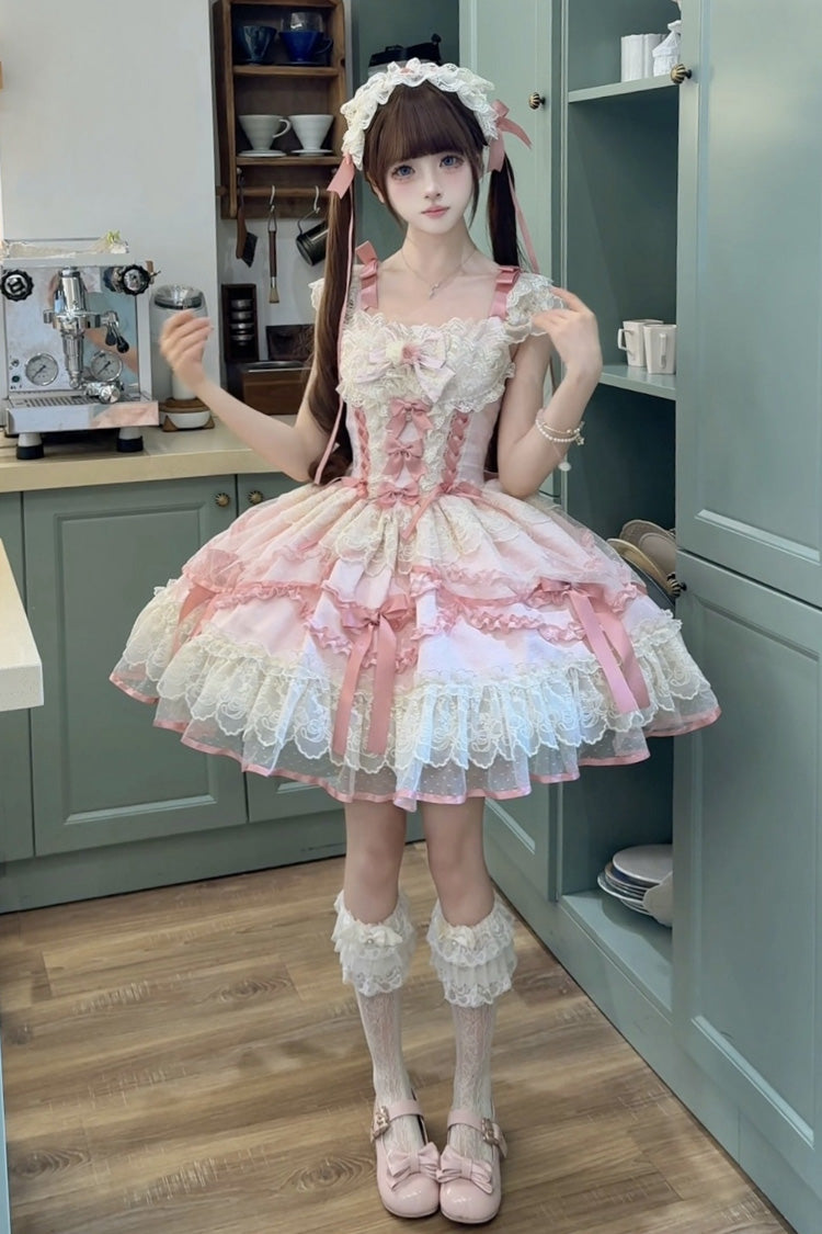 Rosa [Träumender Schmetterling] Mehrschichtiger Jacquard Rüschen Schleifen Spitze Süßes Prinzessin Lolita Jsk Kleid 