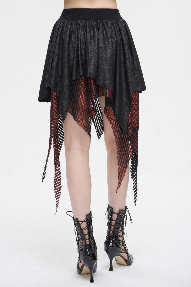 Red/Black Lrregular Mesh Splice Buckle Women's Gothic Skirt