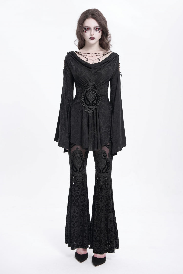 Black Long Trumpet Sleeves Print Embroidery Women's Gothic Blouse
