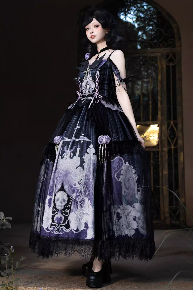 Black/Blue [Skull Magic] Print Ruffle Bowknot Gothic Elegant Lolita Skirt Two-Piece Set