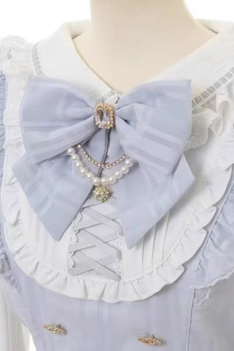 Jirai Kei Long Sleeves Print Ruffle Bowknot Lace-Up Dress 3 Colors