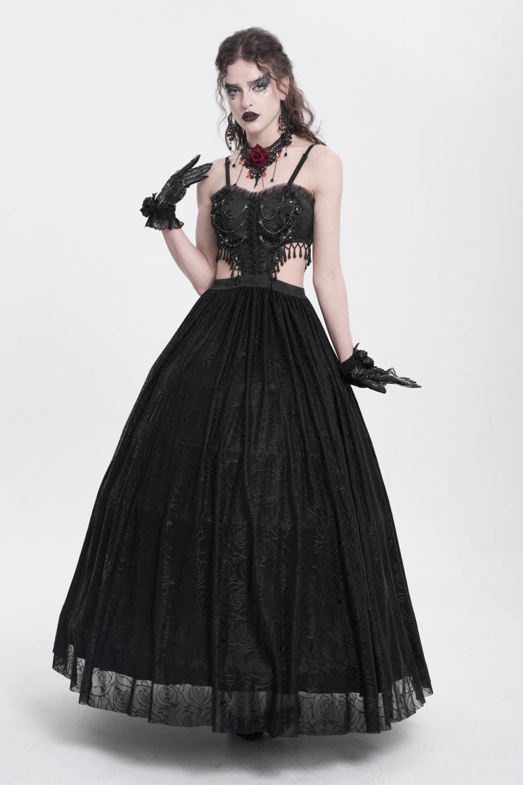 Black Jacquard Floral Embroidery Lace Ripped Women's Gothic Party Slip Dress