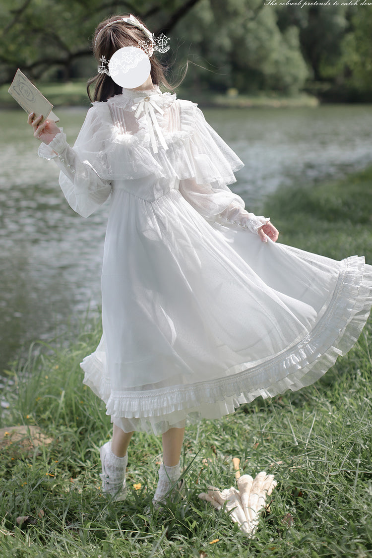 White [Enchanted Daydream] Long Sleeves Bowknot Lace Sweet Elegant Lolita Dress