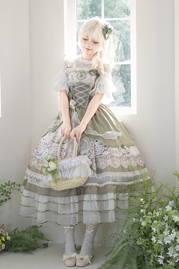 Green [Teacup Rabbit] Multi-Layered Print Ruffle Embroidery Bowknot Lace Asymmetric Sweet Elegant Lolita Jsk Dress