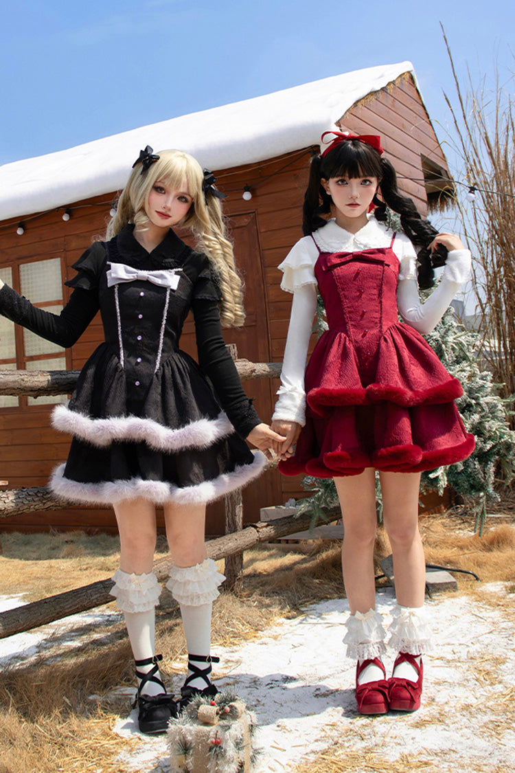 [Winter's Wish] Double-Layered Jacquard Bowknot Furry Sweet Lolita Jsk Dress 2 Colors