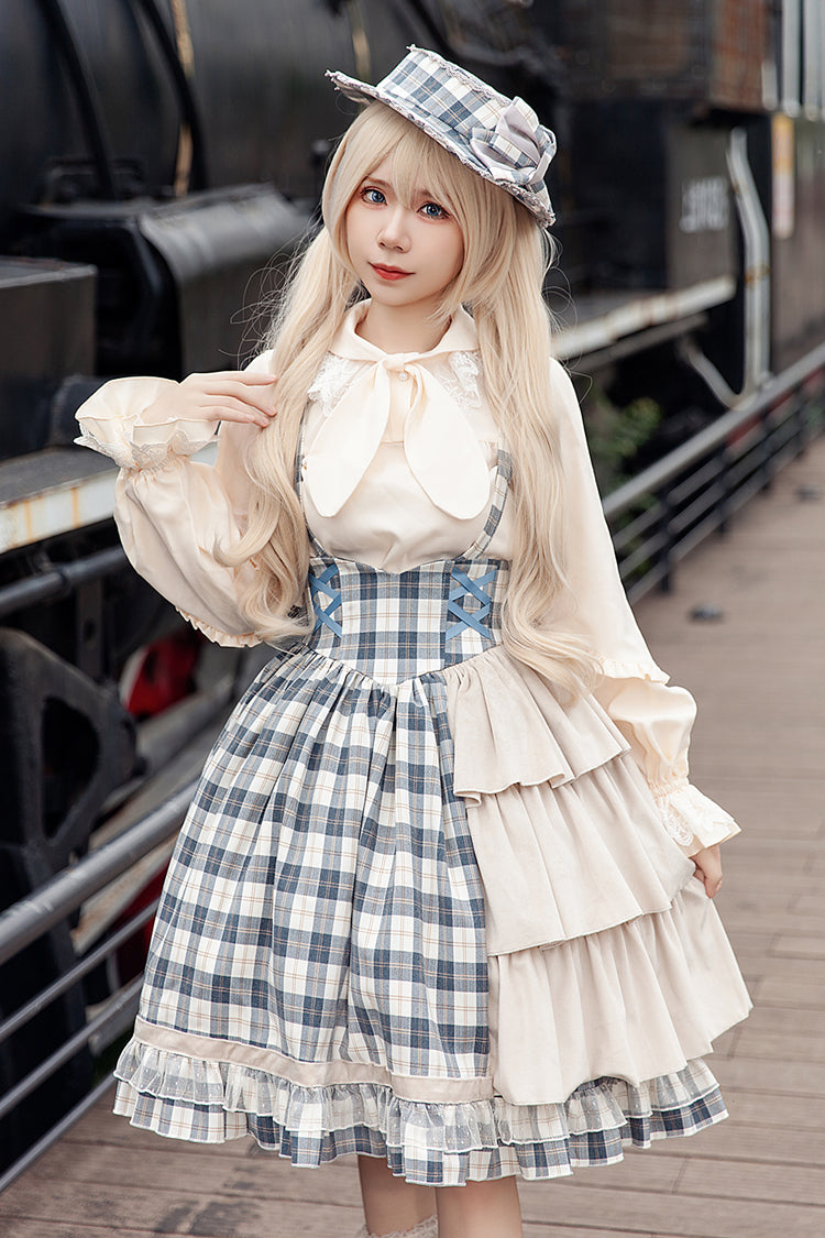 Grey/Blue [Morning Tune] Sleeveless High Waisted Print Ruffle Asymmetric Sweet Lolita Strap Dress