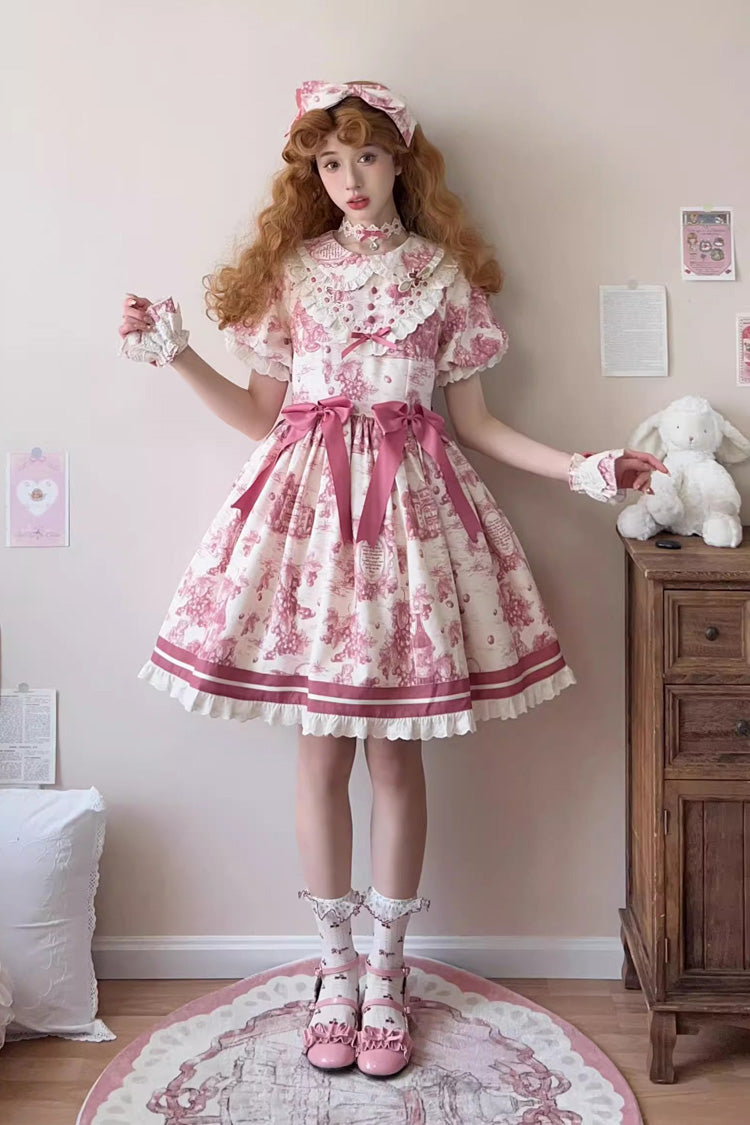 Rose Red [Grape Moon Almanac] Short Sleeves Multi-Layered Printed Ruffled Bow Sweet Lolita Dress