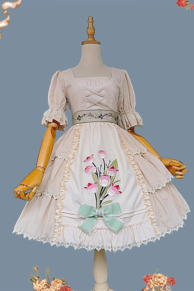 Tulip Print Embroidery Short Sleeves Multi-layer Sweet Elegant Lolita Jsk Dress 3 Colors