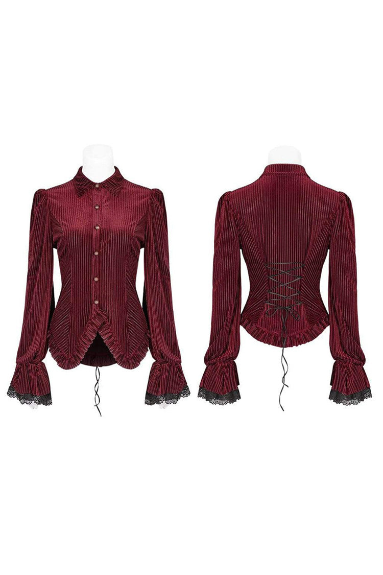 Gestreifte Samt-Metall-Retro-Knopf-Spitze-Manschette hinten Taille Schnürung Damen Gothic Bluse