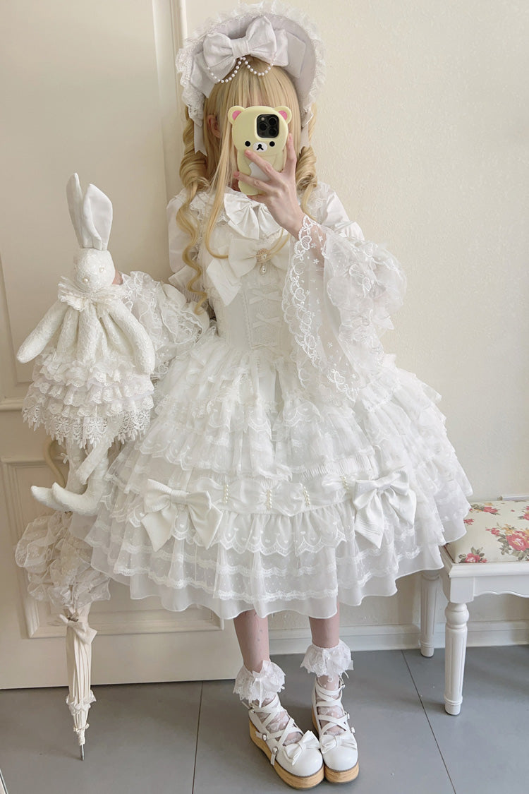 White [Dream Prologue] Doll Multi-Layered Bowknot Lace Sweet Princess Lolita Dress