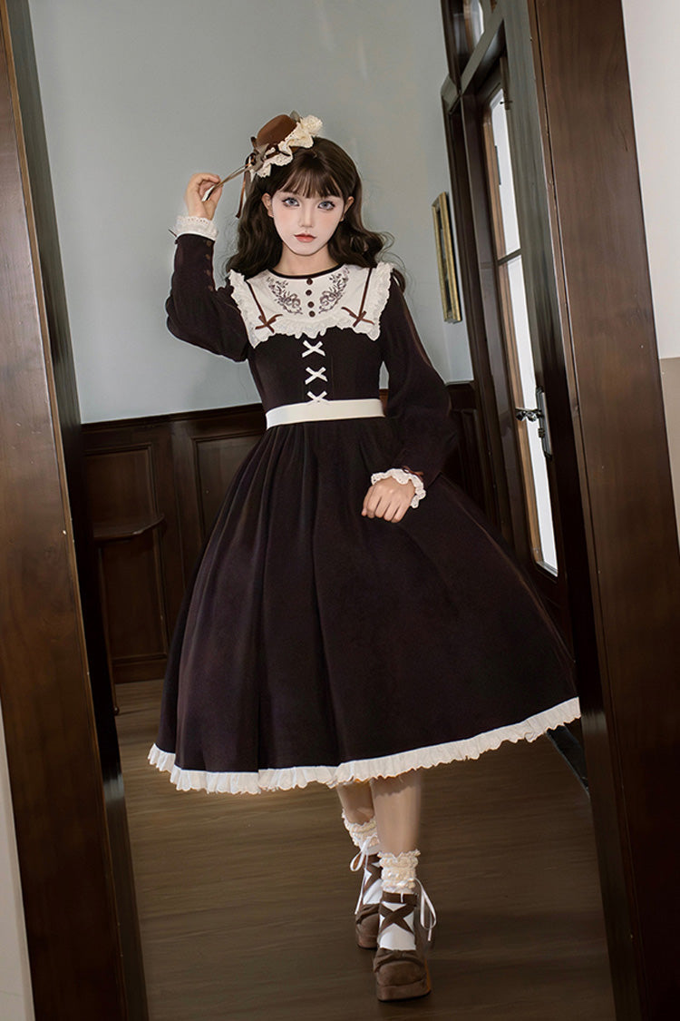 Brown [Miss Brown] Long Sleeves Ruffle Bouquet Embroidery Sweet Lolita Dress (Long Version)
