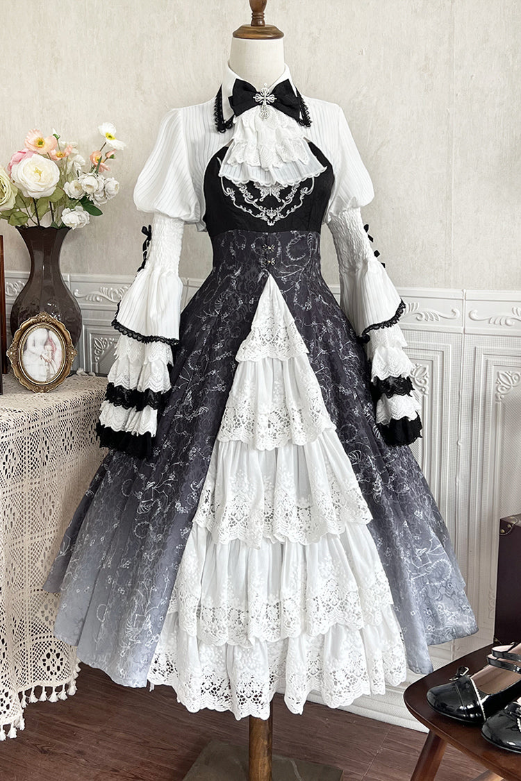 Black/White Print Bone Magic Ruffle Cardigan Lace Classic Gothic Princess Lolita Jsk Dress