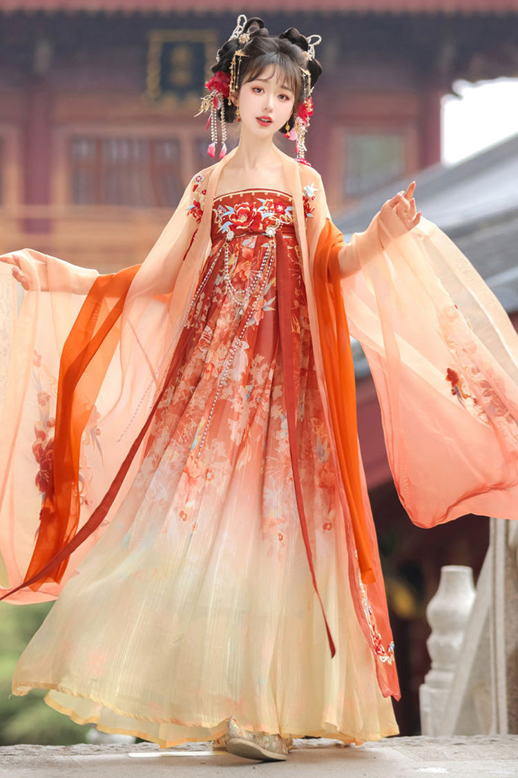 [Ode To The Red Lotus] Long Sleeves High Waisted Printed Embroidered Women's Classic Elegant Hanfu Set