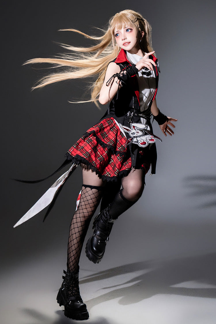 Noir/Rouge [Rock Bunny] Ensemble de Jupe Lolita Punk Sans Manches à Capuche à Double Couche avec Broderie 